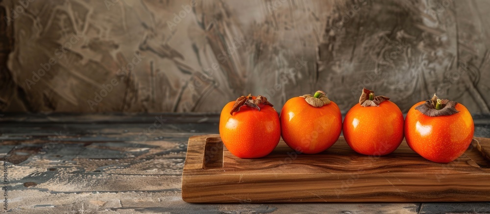 Aufkleber Wooden board featuring luscious ripe persimmons with a background suitable for adding text or graphics copy space image
