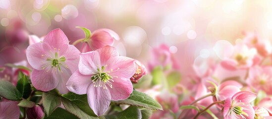 Spring bloom of pink hellebore flowers with a natural wildflower backdrop creates a scenic setting for text or other elements in the image. Creative banner. Copyspace image