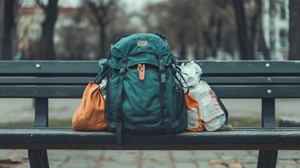 Burden of Belongings: Overloaded Backpack on Park Bench Symbolizing Struggle for Stability and Security