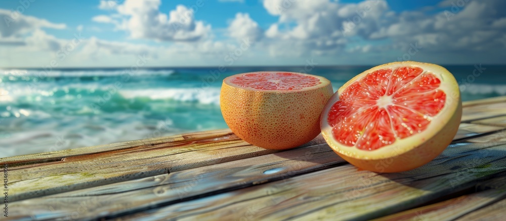 Poster fresh grapefruit halves on a wooden table with a scenic sea and sky background for a copy space imag