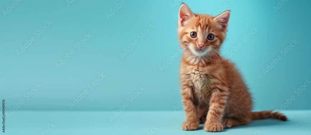 Poster a cute ginger tabby kitten sits gracefully on a soft blue backdrop posing for an animal portrait wit