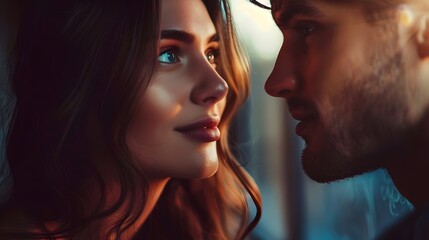 Naklejka premium Pretty woman looking to handsome man face to face. Portrait of beautiful woman with handsome man. Attractive couple looking to each other. Tttractive woman looking