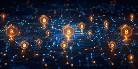 Blockchain network with glowing Bitcoin symbols in a digital space, Bitcoin network visualization with connected glowing blocks and digital technology