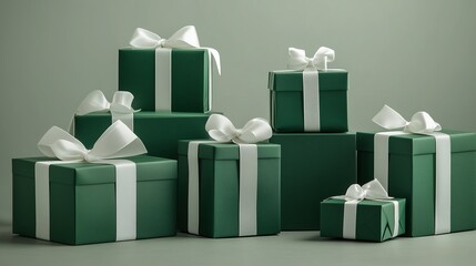 A group of emerald green gift boxes with white ribbon.