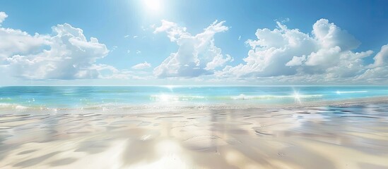 Panoramic beach view with a sandy beach and sunny skies The tropical beach is empty offering a seascape with copy space image The scene features white sand calmness and a serene summer ambiance