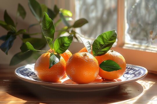 A still life of fresh oranges with leaves, beautifully arranged on a ceramic plate by a sunlit window, highlighting their vibrant color.