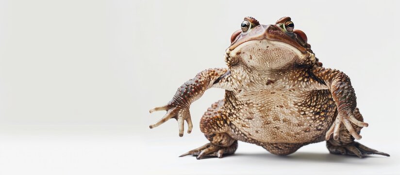 A big Cane toad resembling a human playing air guitar positioned on the edge and looking at the camera in a white background with copy space image