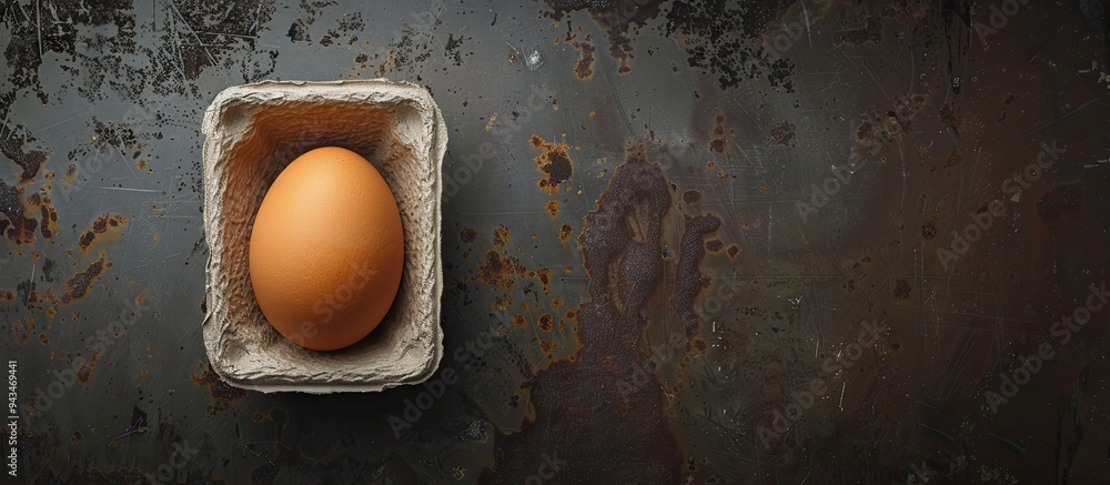 Poster Egg in carton box on a dark textured background with space for copy image