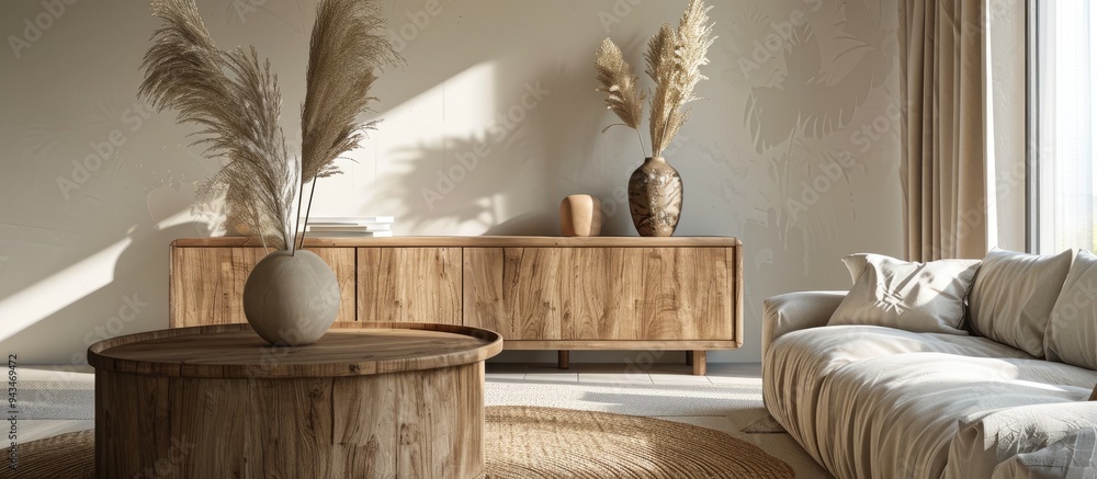 Aufkleber dry reeds in vases placed on the coffee table by the sofa and on the dresser in the living room with