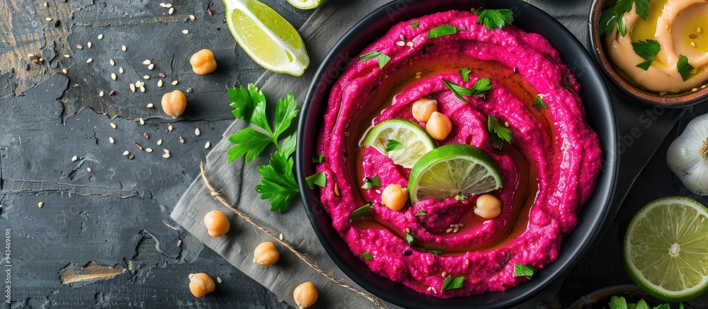 Poster bowl of flavorful beet hummus with chickpeas garnished with lime and parsley on a textured grey tabl