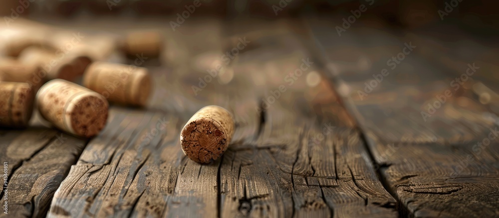 Poster Grape shaped wine corks displayed on a wooden table with copy space image