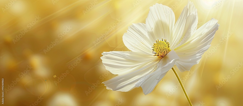 Poster fresh ecology concept with a close up soft cosmos flower on a yellow background ideal for wallpaper 