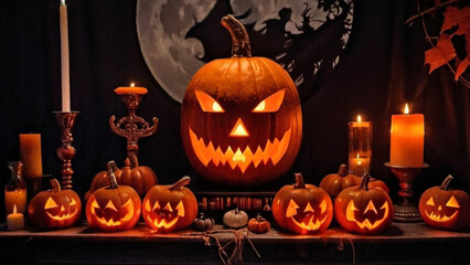 A table with a skull and pumpkins on it