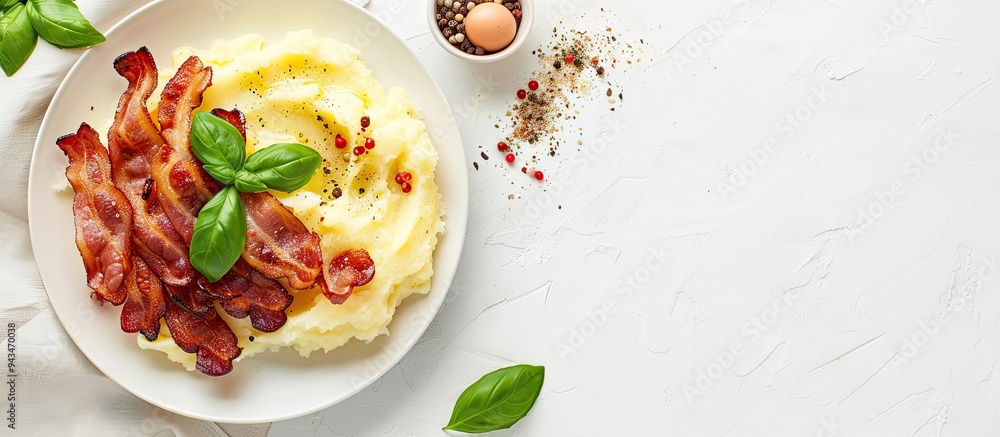 Leinwandbilder White table with fried bacon mashed potato and basil with ample copy space image