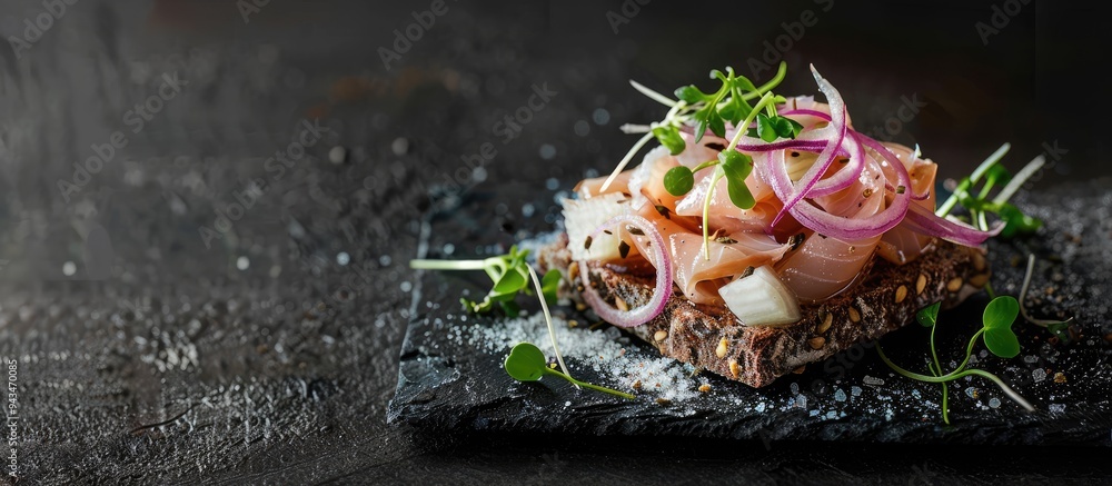 Poster a canape with salted herring onions on dark bread displayed with copy space image on a black backgro