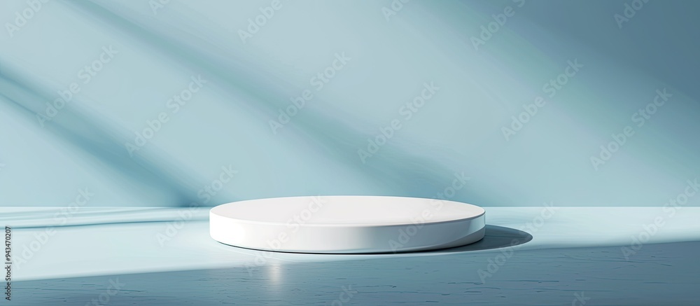 Poster a product display featuring a circular podium casting shadows on a pale blue backdrop with room avai