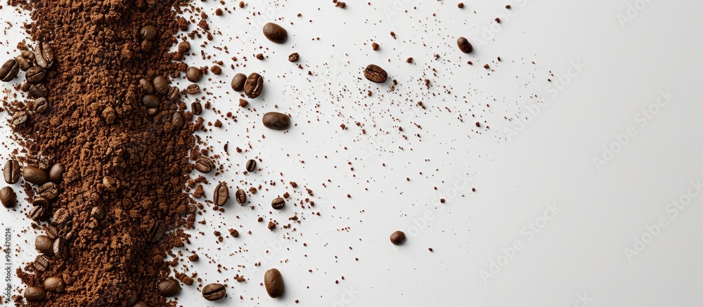 Aufkleber Coffee grounds scattered on a white backdrop with empty space for text or other elements in the image. Creative banner. Copyspace image