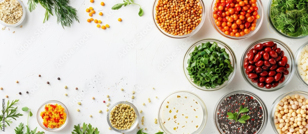Aufkleber Nutritious food displayed in glass containers with ingredients on a white background in a flat lay composition suitable for adding text in copy space image