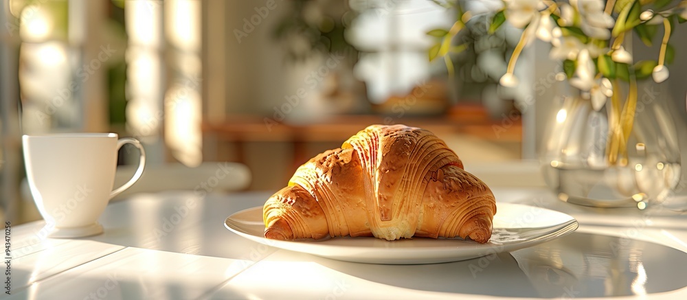 Poster croissant pastry displayed on a white table in a bright and inviting setting ideal for recipes artic