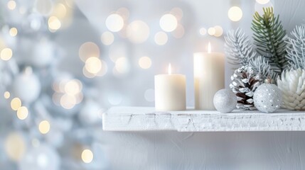 Decorative shelf displays candles and natural ornaments, creating a cozy festive atmosphere enhanced by a soft blurred background