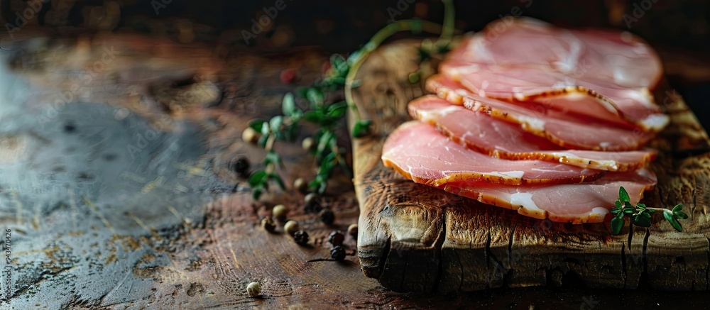 Poster Fresh ham slice on a rustic table with copy space image in the background