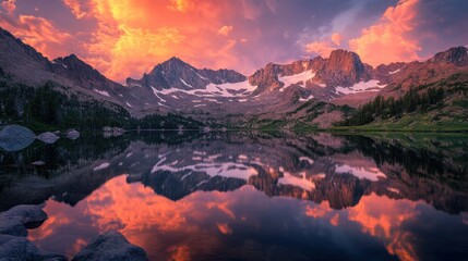Peaceful mountain lake reflecting the vivid colors of sunset, with the peaks glowing softly in the fading light.