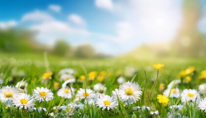 spring meadow with daisies and wildflowers under a sunny sky beautiful spring blurred background floral blossoming meadow