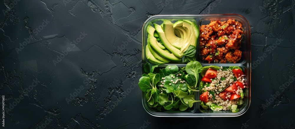 Poster Glass container with fresh salad avocado cutlet and buckwheat on a black table from a top view offering copy space image