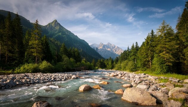 a rocky mountain river flows through the forest on the background of mountains eco nature landscape with mountains forest and a river in front beautiful scenery generative ai