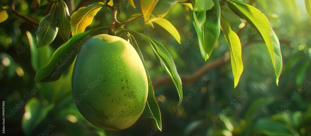 Aufkleber a vibrant youthful and ripe green mango fruit is suspended from a tree in an organic farm creating a