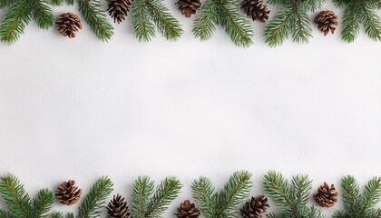 christmas or new year background with a green fir branches and pine cones on white textured surface ornament border background
