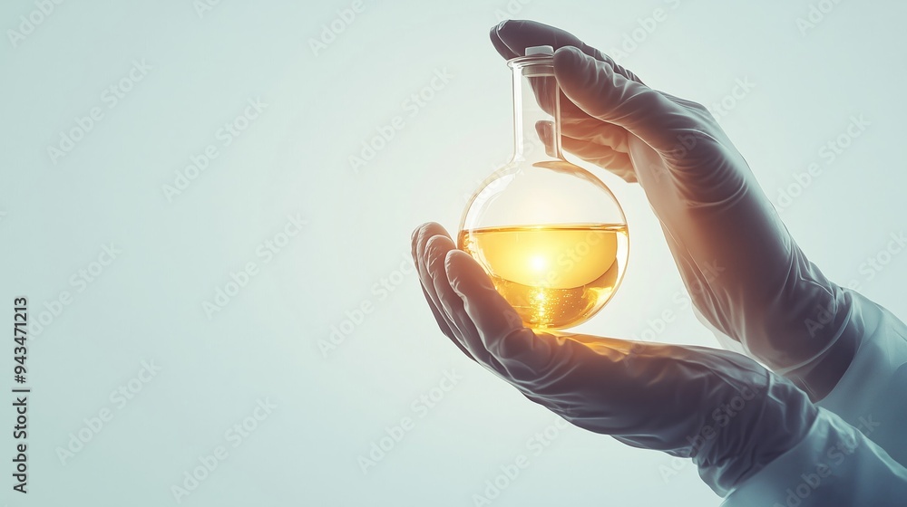 Poster scientist in a lab holding a glass flask with yellow liquid under soft lighting showing concentratio