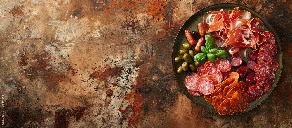 Poster A rustic top view image with a copy space background featuring a fresh assortment of salami prosciutto sausage and coppa on an appetizer plate