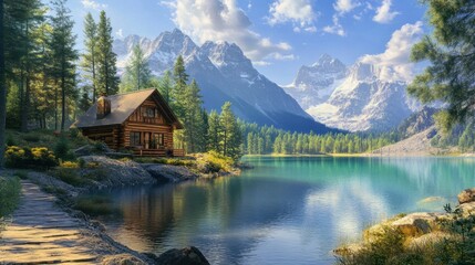 Fototapeta premium Picturesque cabin overlooking a mountain lake, with crisp air and clear skies enhancing the serene landscape.