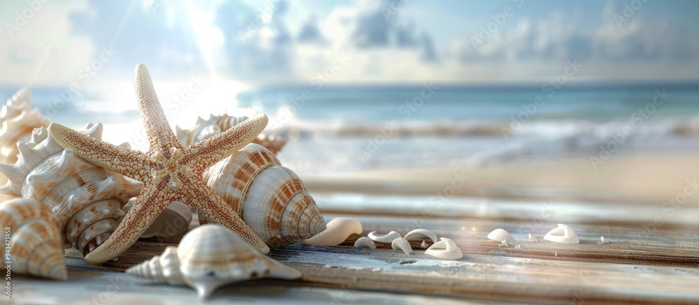 Aufkleber a summer themed setting with seashells or starfish on a table providing a backdrop for text in a cop