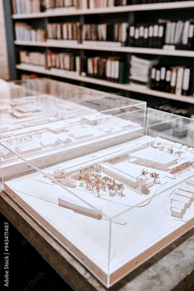 Poster Empty, office and architecture with model in 3d for building design, infrastructure or urban planning. Work, room and interior with prototype of property for remodeling project, detail or development