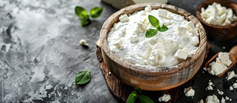 Aufkleber copy space image of a rustic top view arrangement with a variety of soft cow goat or sheep cheese id