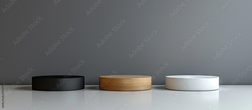 Aufkleber Various podiums arranged on a gray backdrop for product photography with copy space image