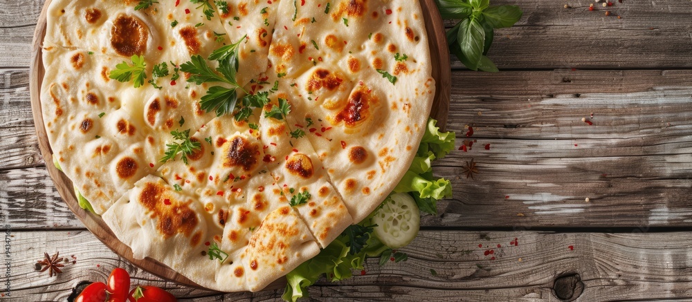 Poster Top view of a Gozleme flatbread with a vegetable salad garnish on a wooden background with copy space for image integration