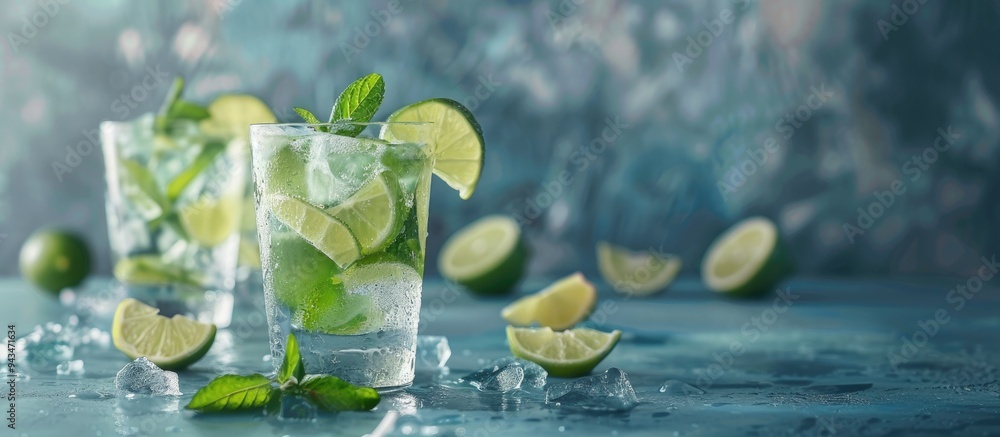 Poster fresh mojito cocktails garnished with lime and mint placed on a grey table with ample copy space ima