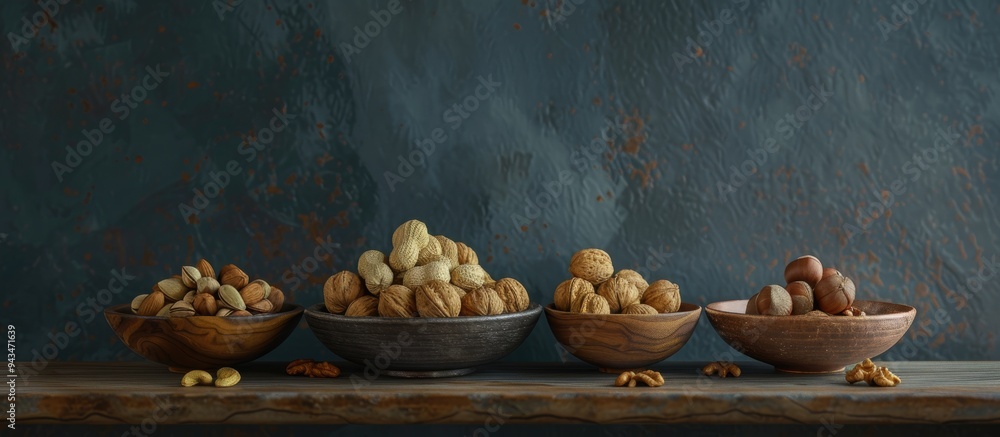 Poster Table displaying four varieties of nuts with ample copy space image