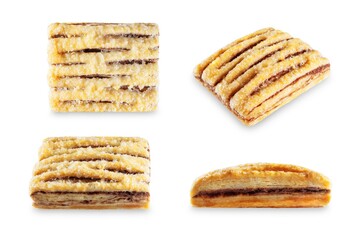 Sugar sprinkles chocolate filling puff cookie on a white isolated background