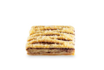 Sugar sprinkles chocolate filling puff cookie on a white isolated background