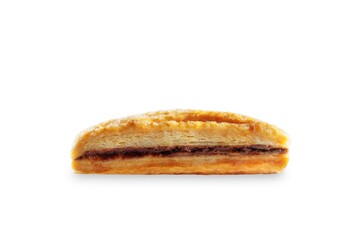 Sugar sprinkles chocolate filling puff cookie on a white isolated background