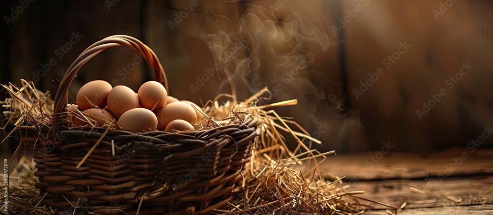 Poster wicker basket holding fresh chicken eggs set on a dried straw bale with copy space image available