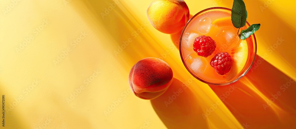 Poster top view of a glass with a cocktail or mocktail garnished with a peach half and whole fruit on a yel