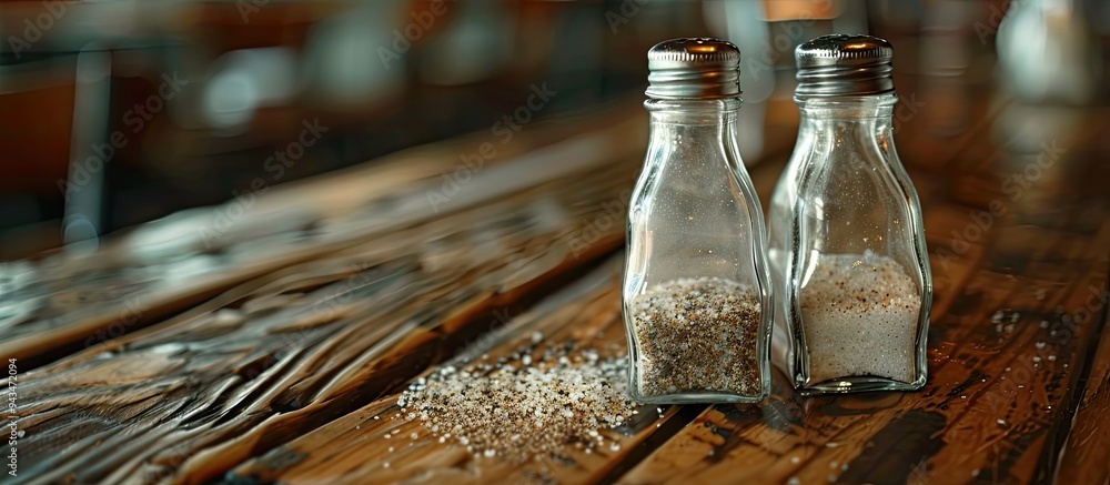 Poster close up shot of salt and pepper shakers on a wooden table with ample copy space image