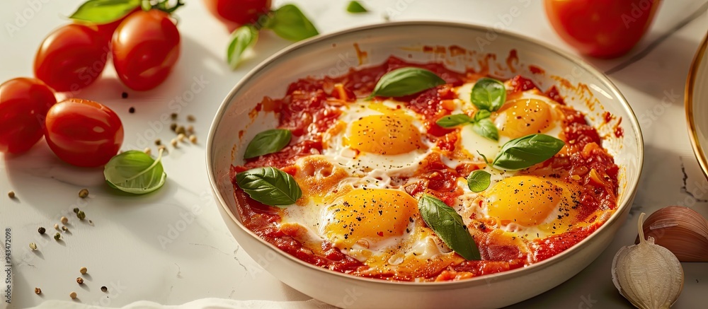 Poster shakshuka dish with tomatoes and eggs served in a bowl on a bright background ideal for a copy space