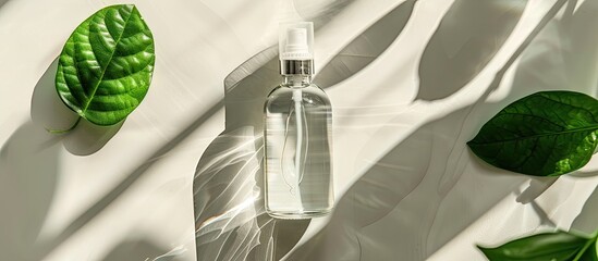 A clear cosmetic spray bottle with a green leaf perfect for showcasing natural organic beauty products like face lotion or facial cleanser in a minimalistic top view setting with sunlight and room fo