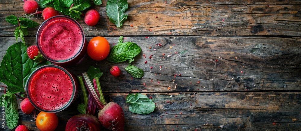 Leinwandbilder Flat lay composition with a glass of fresh beet juice ripe vegetables and mint displayed on a wooden table with ample copy space for text in the image